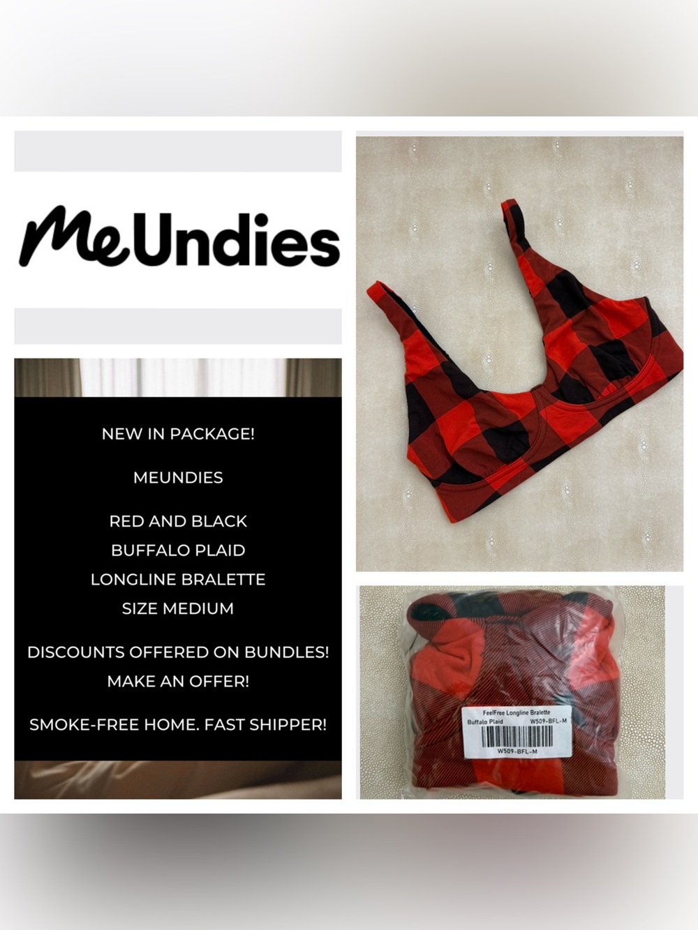 NWT MeUndies FeelFree Longline Bralette - Red Buffalo Plaid Sz M